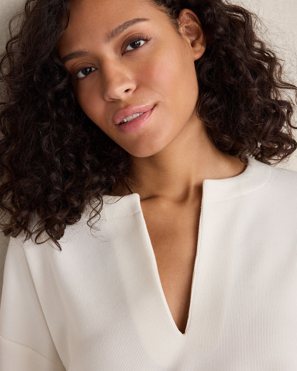 IVORY|PURE TAUPE DOUBLE KNIT SPLIT NECK TOP | Talbots discount
