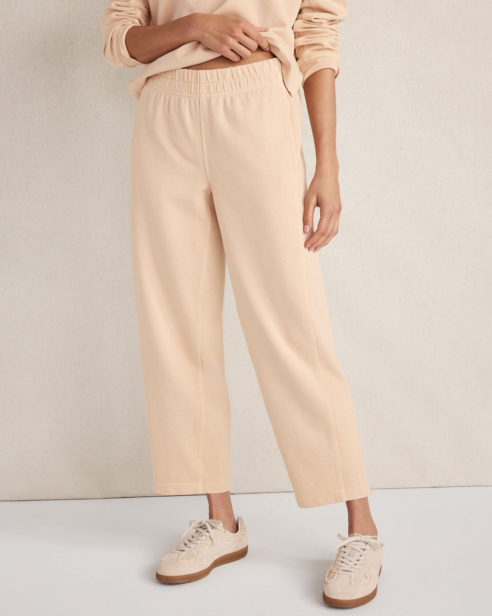 PEACH QUARTZ GARMENT DYE ORGANIC COTTON TERRY BARREL LEG PANTS | Talbots discount