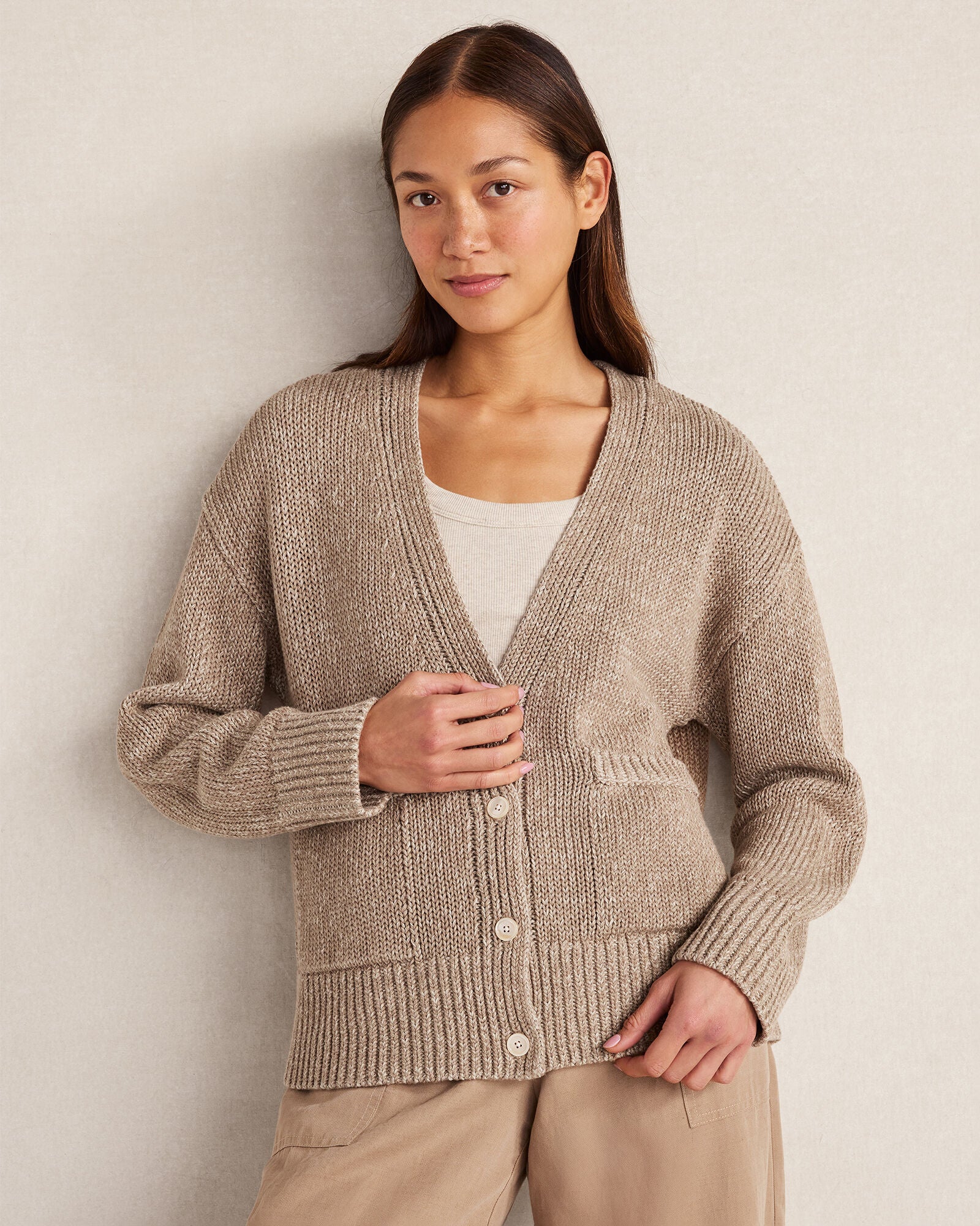 ROPE/PURE TAUPE ORGANIC COTTON LINEN PLAITED V-NECK CARDIGAN | Talbots sale