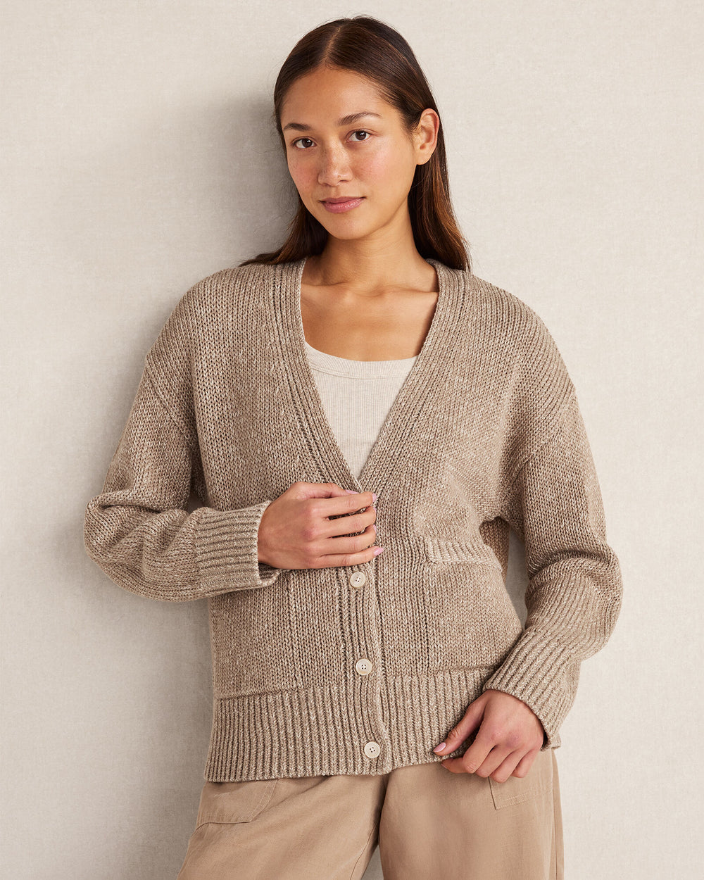 ROPE/PURE TAUPE ORGANIC COTTON LINEN PLAITED V-NECK CARDIGAN | Talbots sale