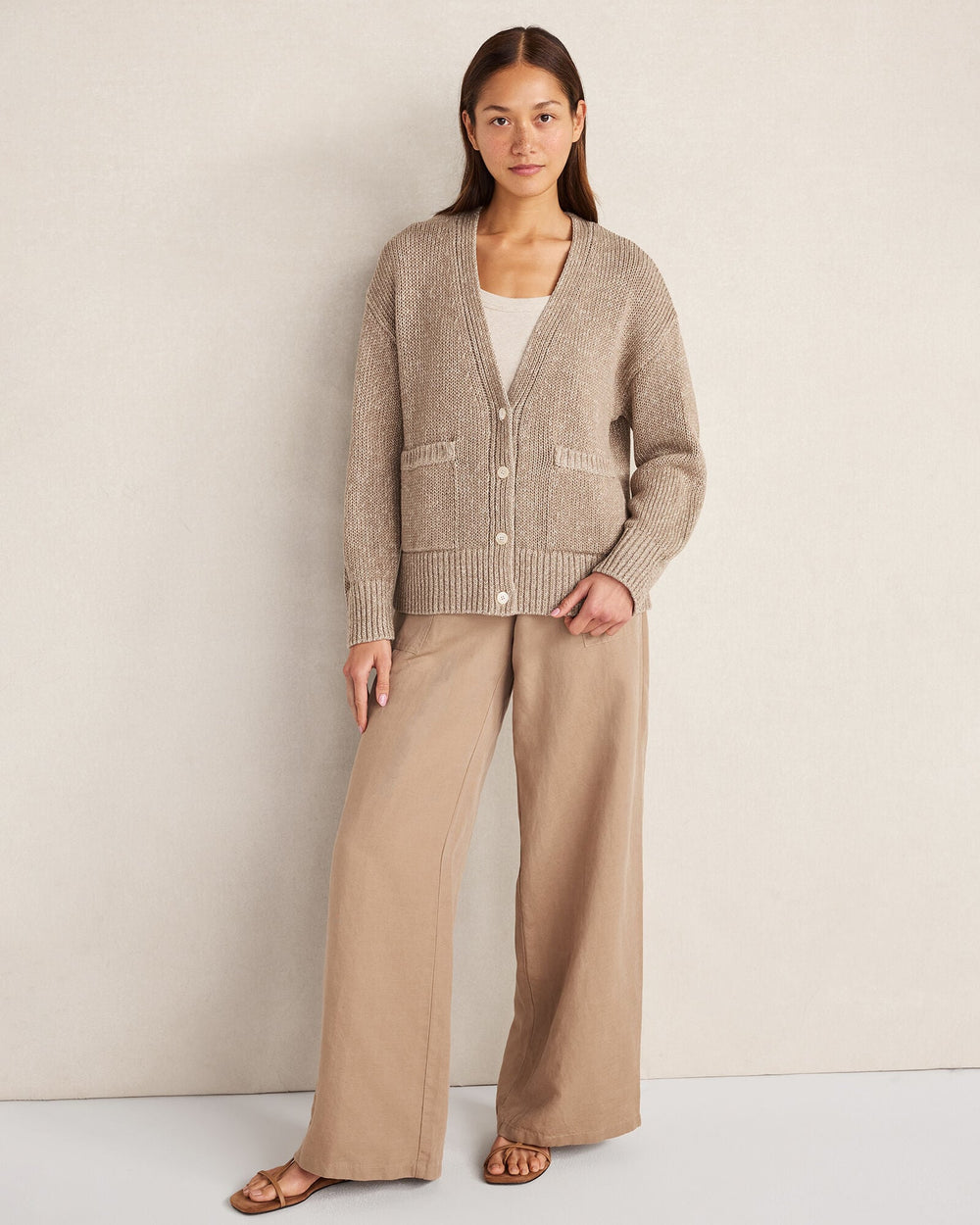 ROPE/PURE TAUPE ORGANIC COTTON LINEN PLAITED V-NECK CARDIGAN | Talbots US