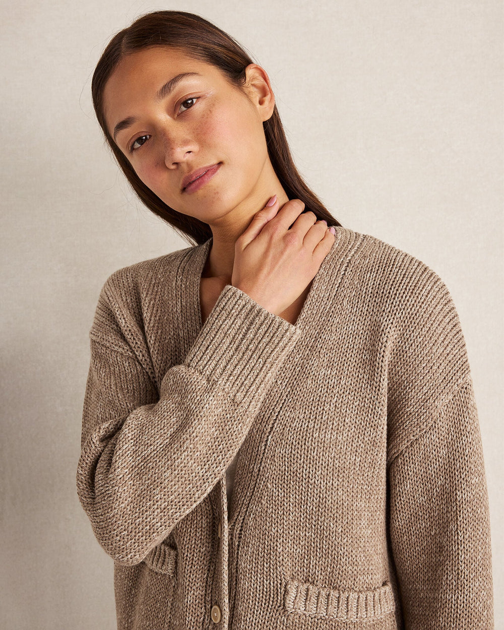 ROPE/PURE TAUPE ORGANIC COTTON LINEN PLAITED V-NECK CARDIGAN | Talbots sale