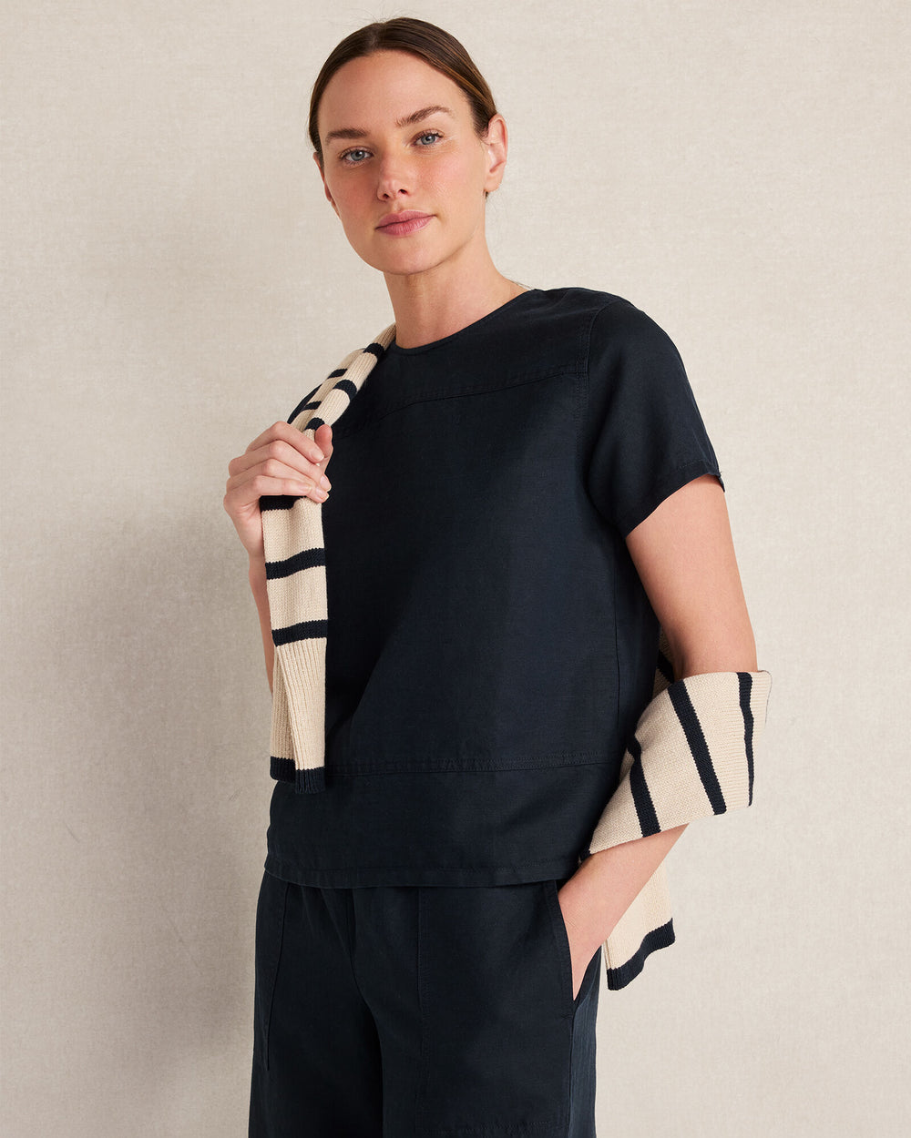 NIGHTFALL|ROPE LINEN BLEND DOBBY SHORT SLEEVE TOP | Talbots discount