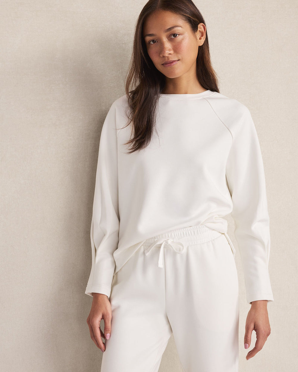 IVORY SOFT-BRUSHED FLEECE PLEATED CREWNECK | Talbots outlet