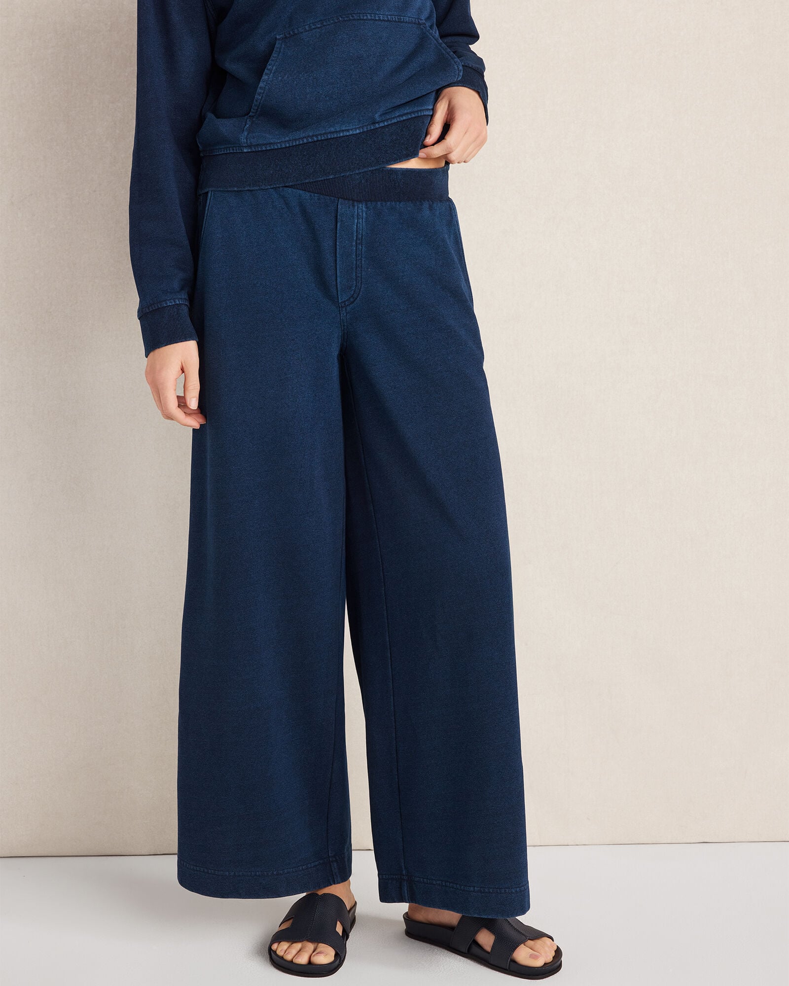 DARK INDIGO WASH INDIGO COTTON TERRY WIDE LEG PANTS | Talbots for sale