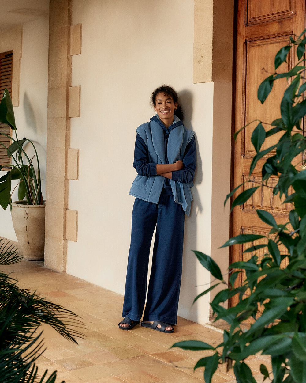 DARK INDIGO WASH INDIGO COTTON TERRY WIDE LEG PANTS | Talbots on sale