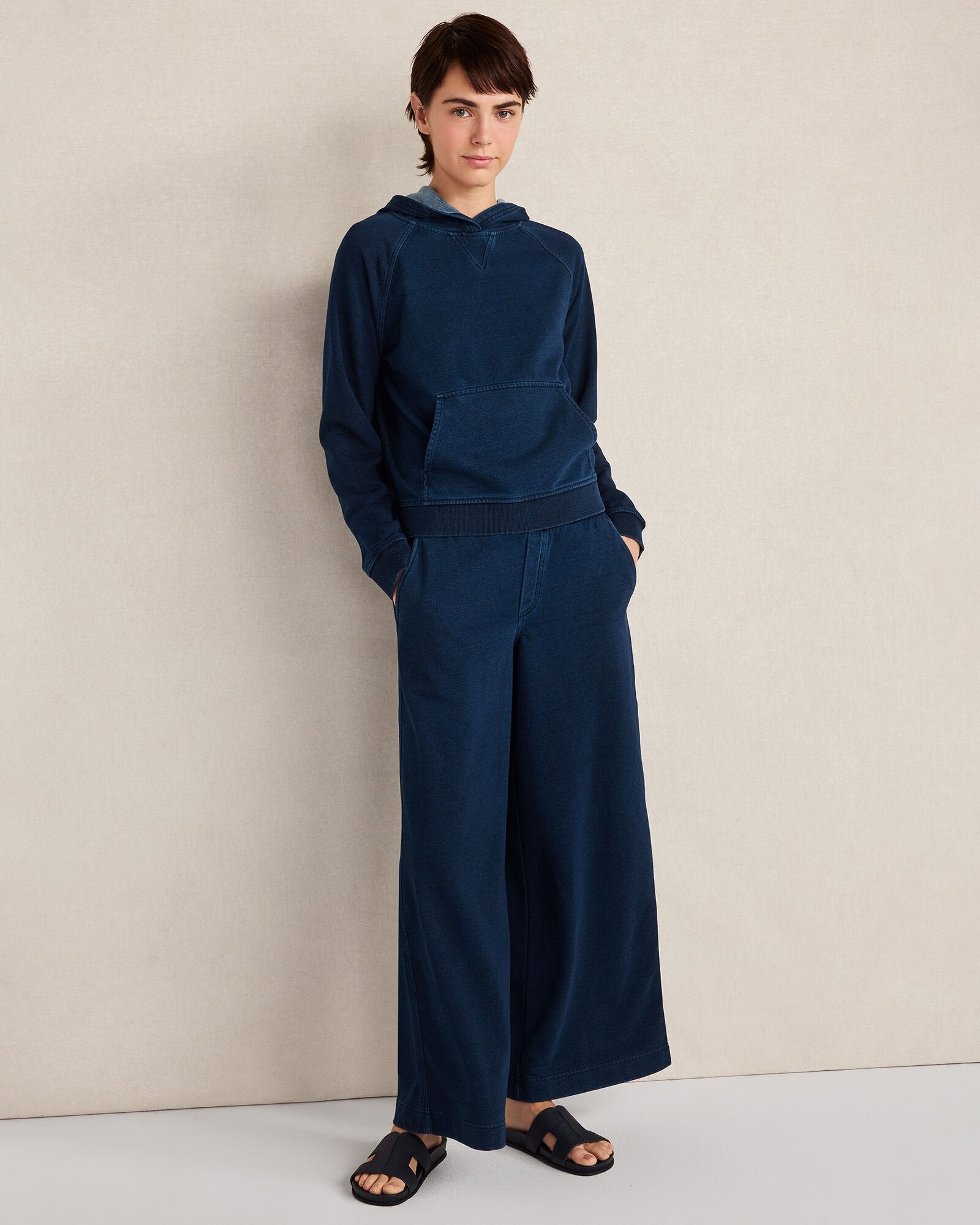 DARK INDIGO WASH INDIGO COTTON TERRY WIDE LEG PANTS | Talbots sale