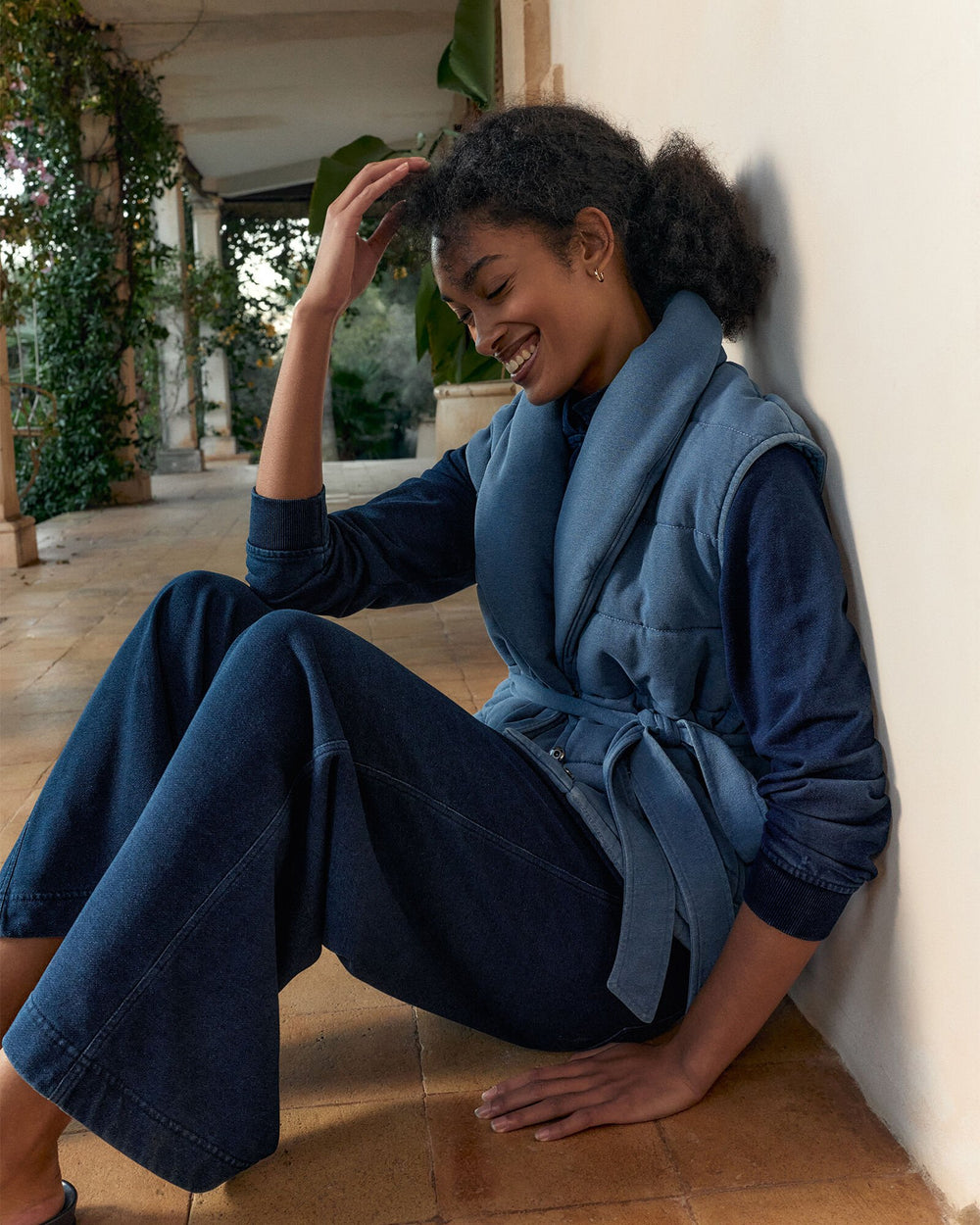 MED INDIGO WASH INDIGO COTTON TERRY QUILTED VEST | Talbots outlet