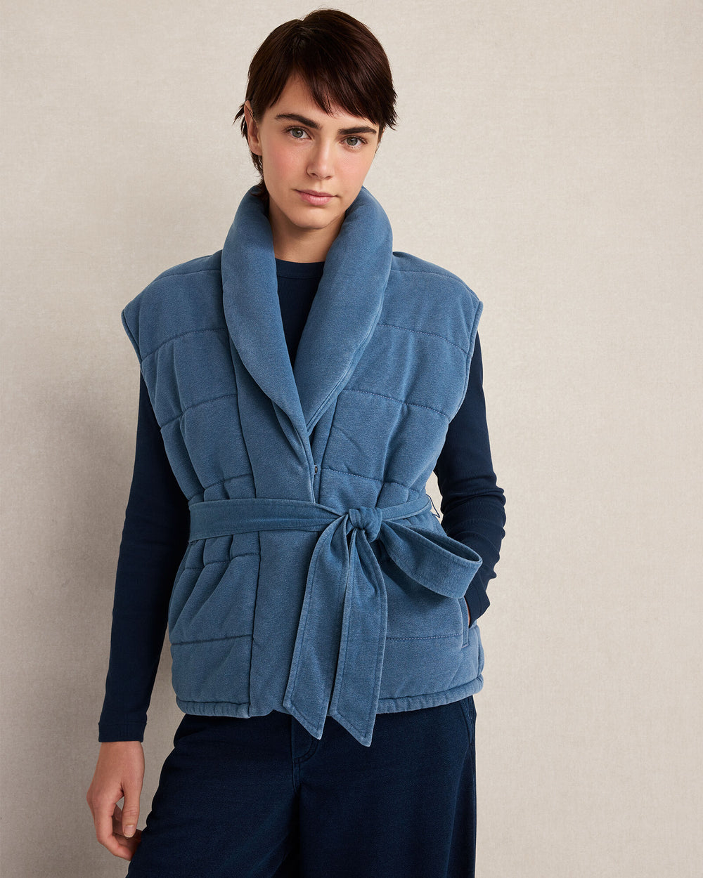 MED INDIGO WASH INDIGO COTTON TERRY QUILTED VEST | Talbots outlet