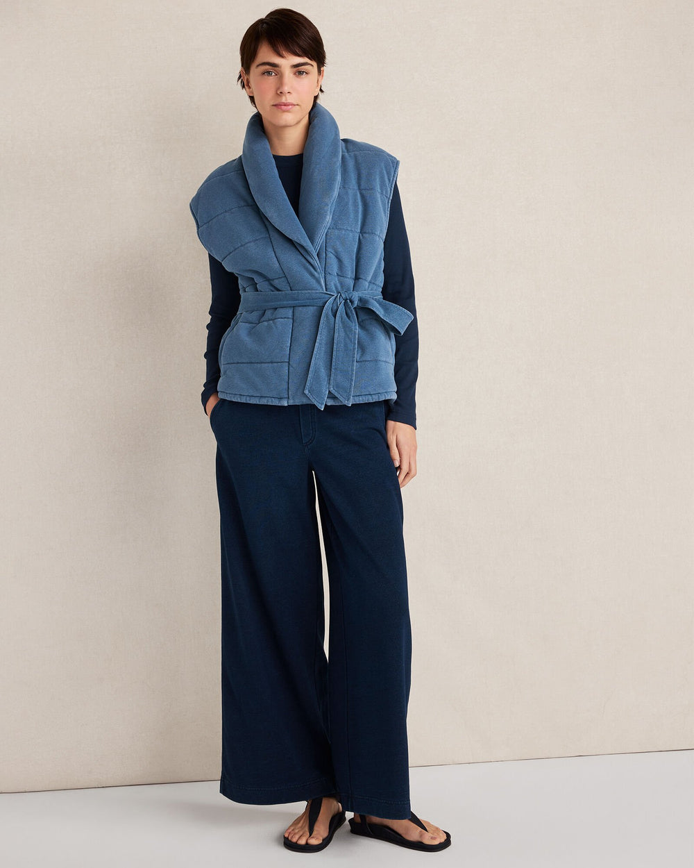 MED INDIGO WASH INDIGO COTTON TERRY QUILTED VEST | Talbots outlet