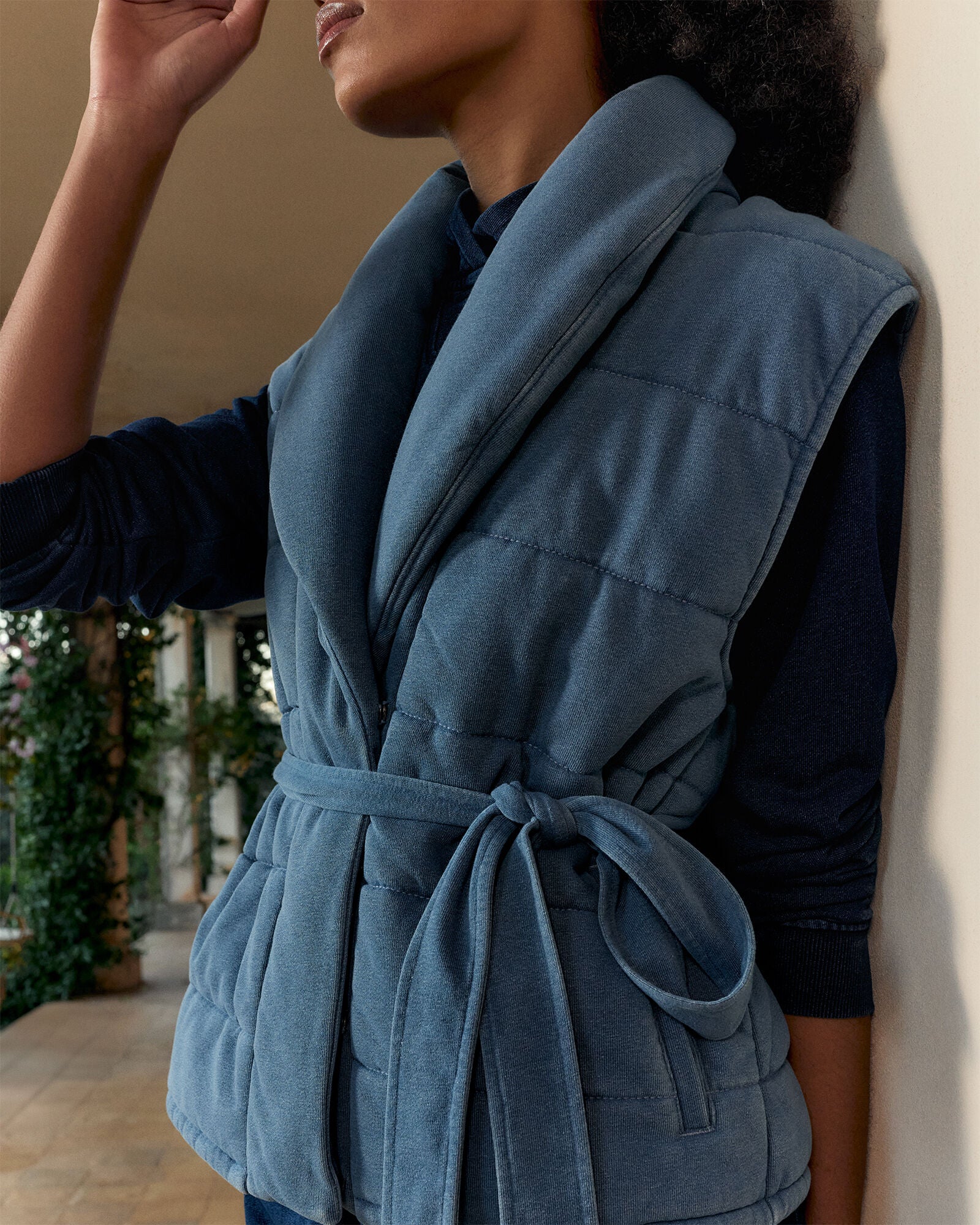 MED INDIGO WASH INDIGO COTTON TERRY QUILTED VEST | Talbots outlet