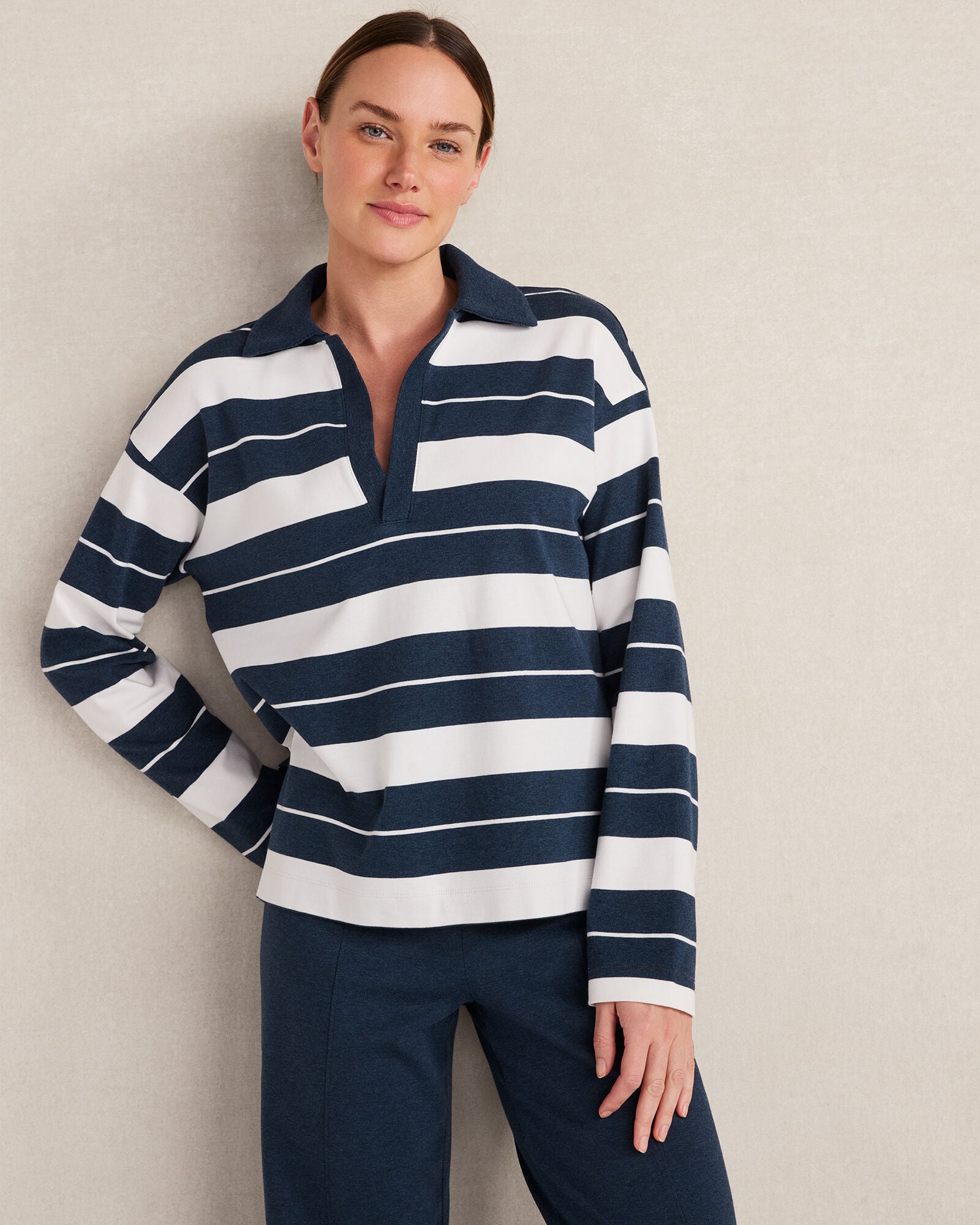 IVORY/TWILIGHT HEATHER ORGANIC COTTON INTERLOCK STRIPE JOHNNY COLLAR TOP | Talbots discount