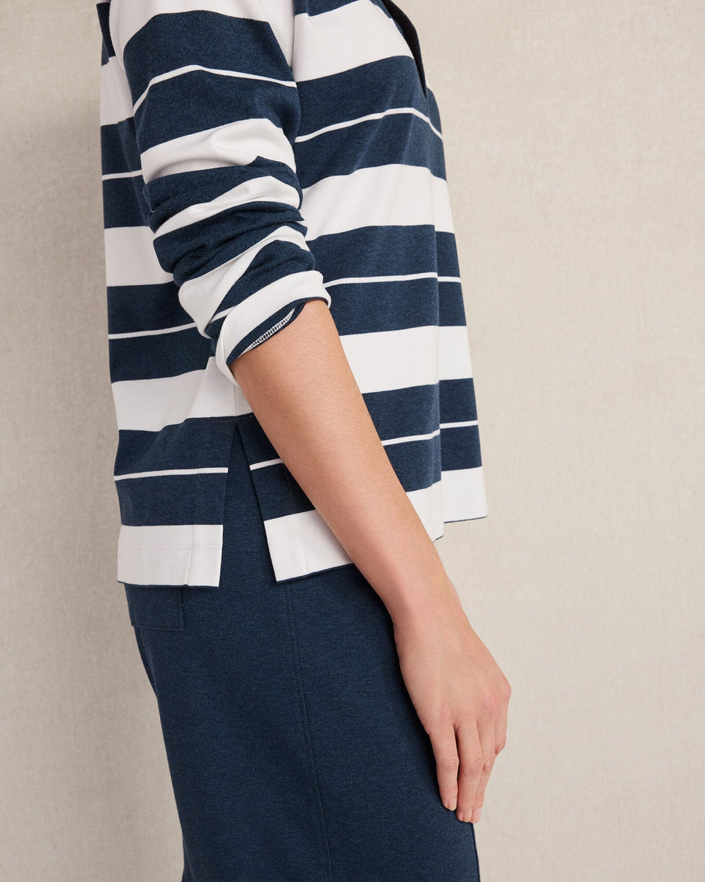 IVORY/TWILIGHT HEATHER ORGANIC COTTON INTERLOCK STRIPE JOHNNY COLLAR TOP | Talbots near me