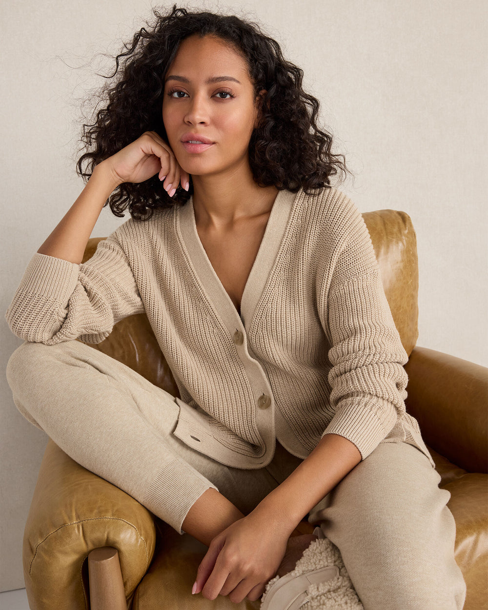 PURE TAUPE HTHR ORGANIC COTTON SHAKER STITCH HEATHERED CARDIGAN | Talbots US