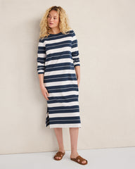 IVORY/TWILIGHT HTHR ORGANIC COTTON INTERLOCK STRIPE MIDI DRESS | Talbots online