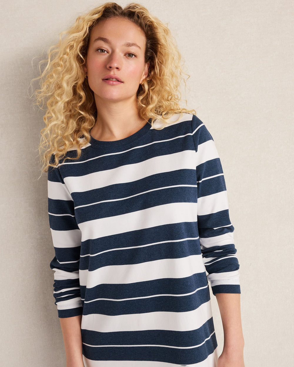 IVORY/TWILIGHT HTHR ORGANIC COTTON INTERLOCK STRIPE MIDI DRESS | Talbots online