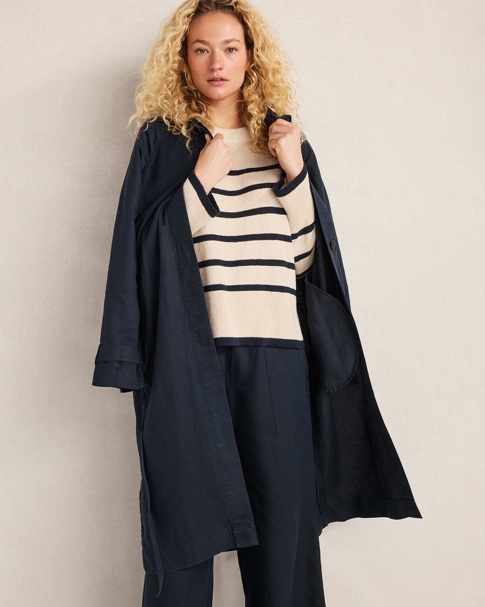 MISTY BEIGE/NIGHTFALL ORGANIC COTTON LINEN STRIPE CREWNECK | Talbots online