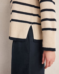 MISTY BEIGE/NIGHTFALL ORGANIC COTTON LINEN STRIPE CREWNECK | Talbots US