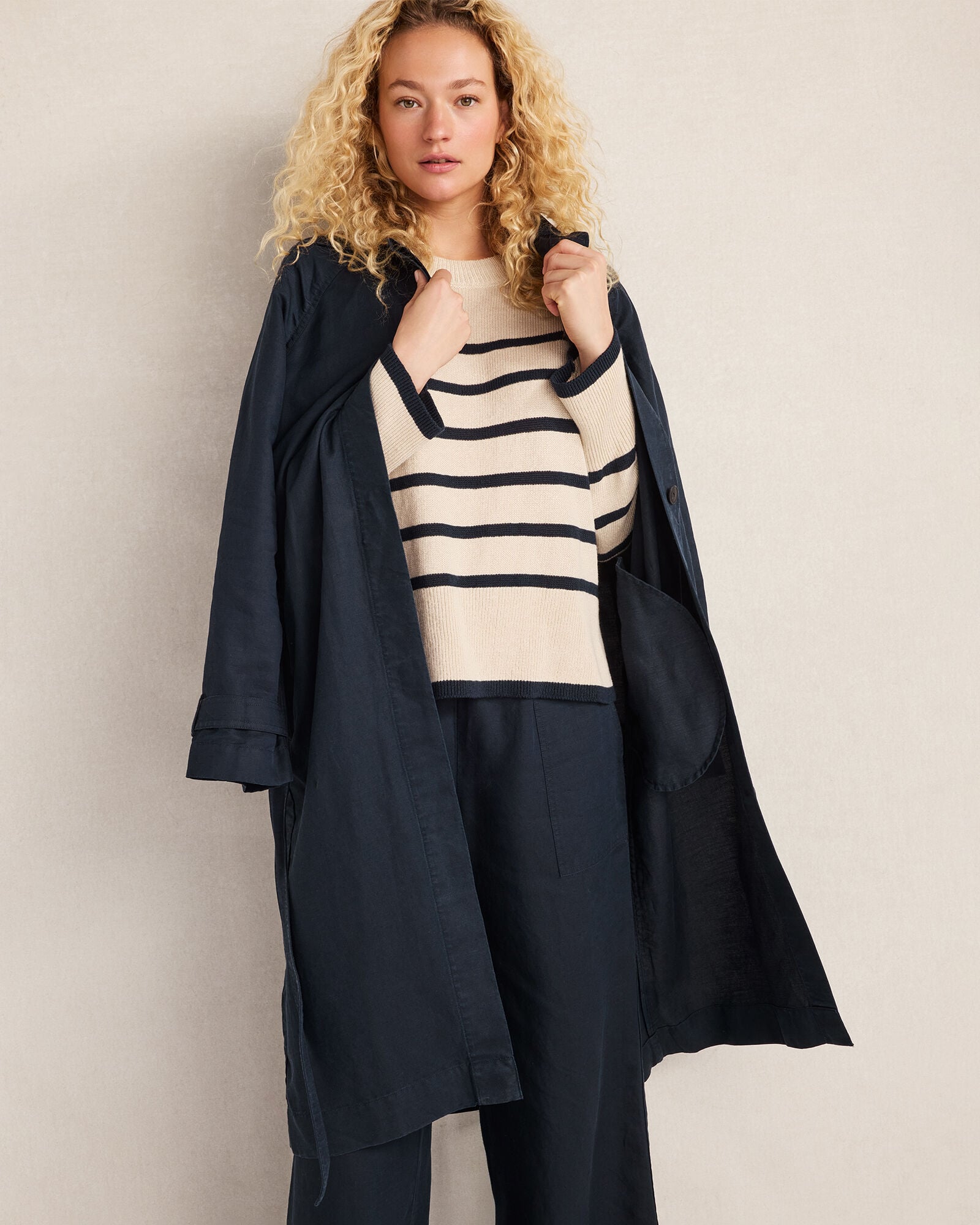 MISTY BEIGE/NIGHTFALL ORGANIC COTTON LINEN STRIPE CREWNECK | Talbots online
