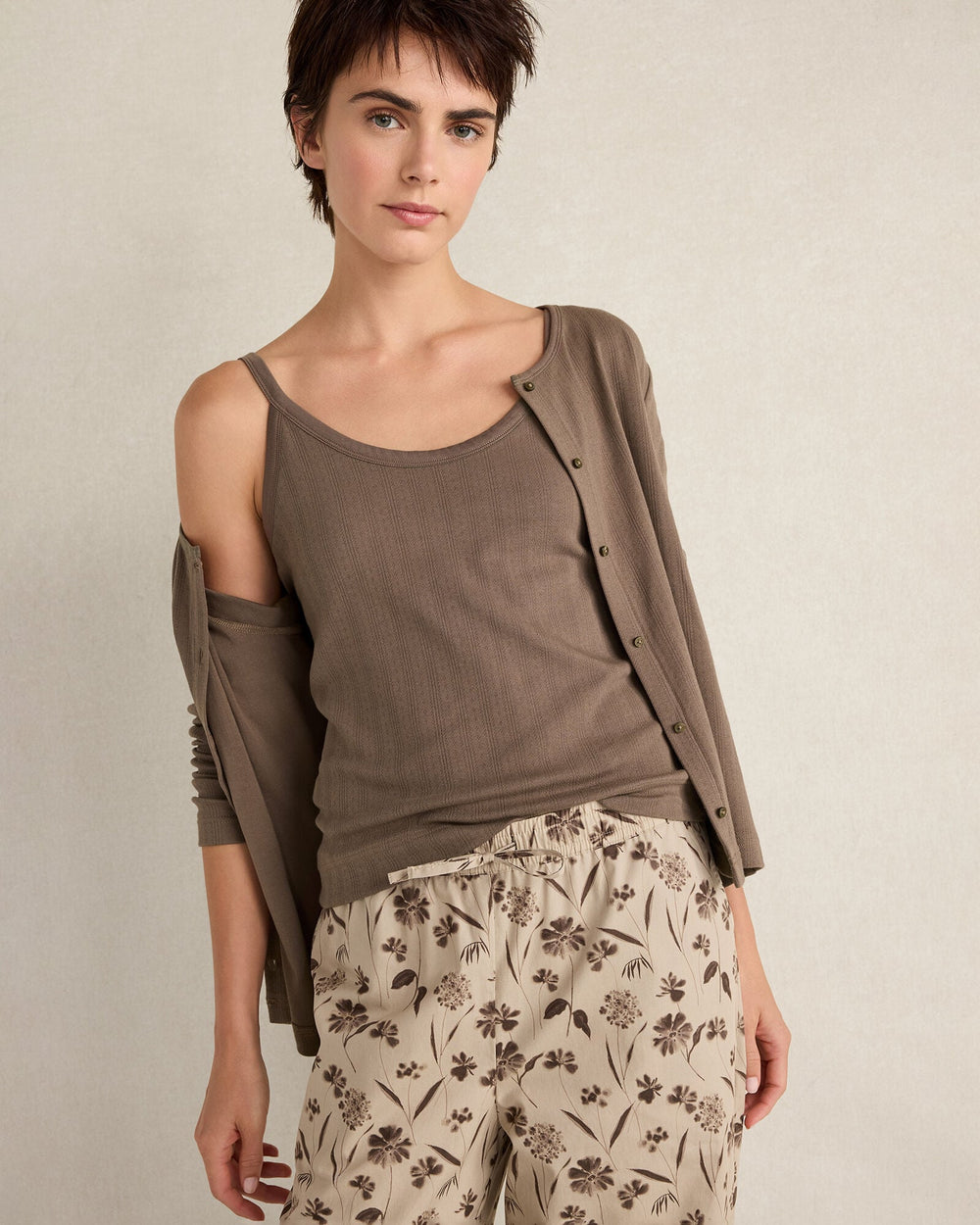 IVORY|SLATE BROWN ORGANIC COTTON POINTELLE CARDIGAN | Talbots discount