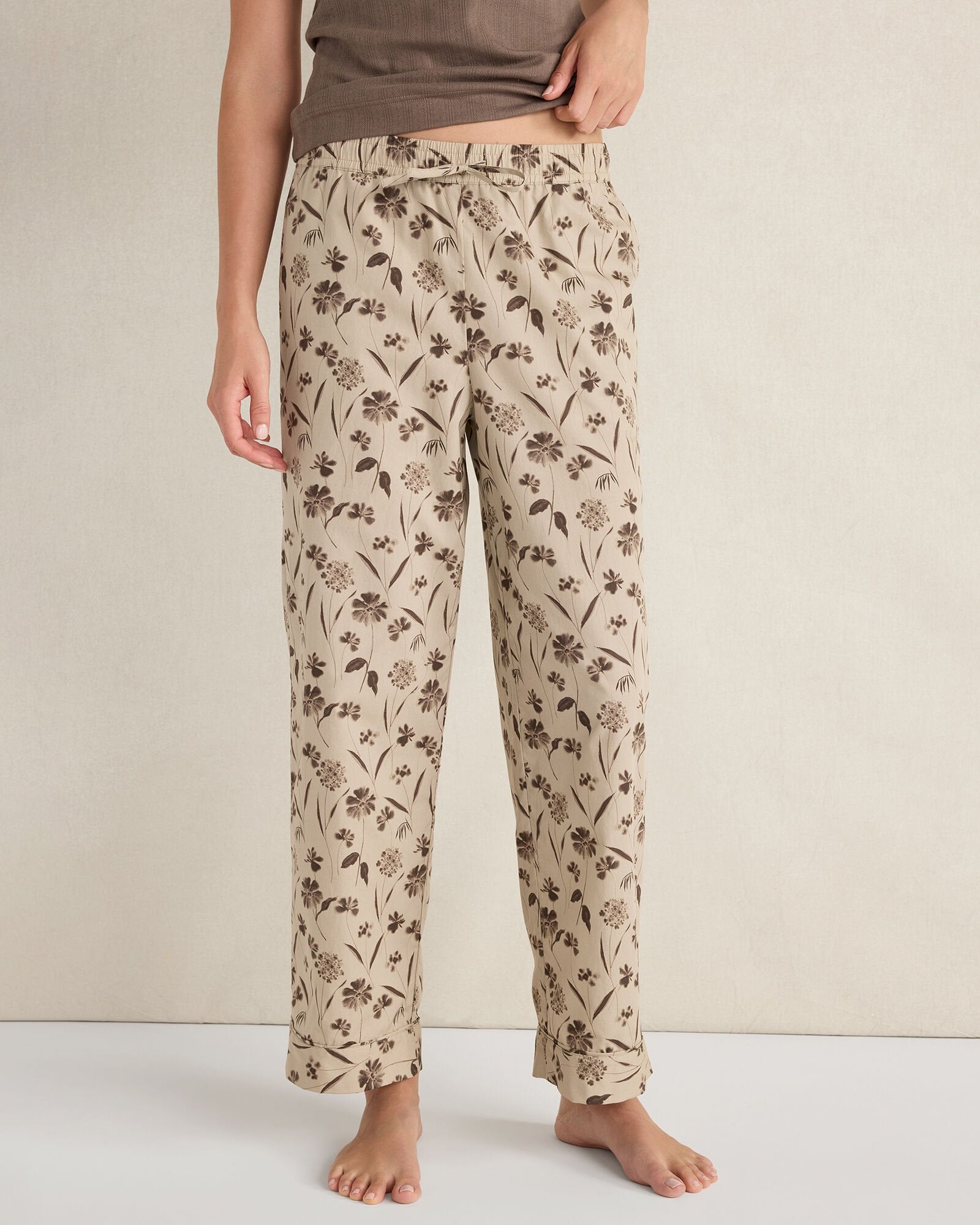PURE TAUPE MULTI ORGANIC COTTON POPLIN SCATTERED FLORAL PAJAMA PANTS | Talbots on sale
