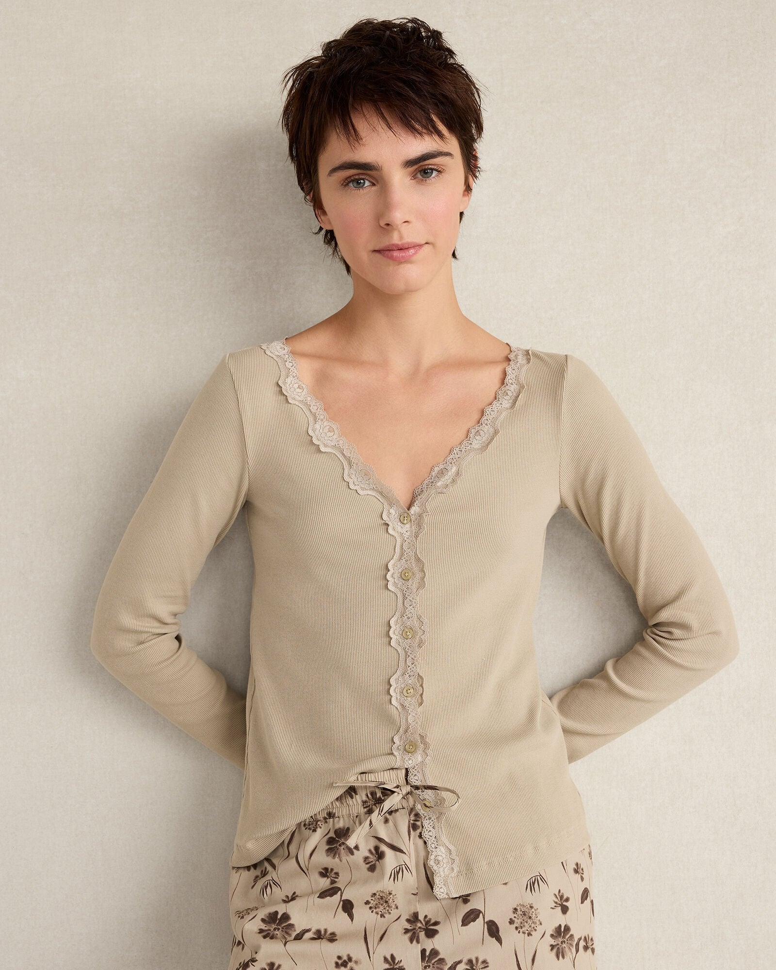 LAKE|NIGHTFALL|PURE TAUPE ORGANIC COTTON RIB KNIT LACE CARDIGAN | Talbots for sale