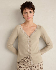 LAKE|NIGHTFALL|PURE TAUPE ORGANIC COTTON RIB KNIT LACE CARDIGAN | Talbots for sale