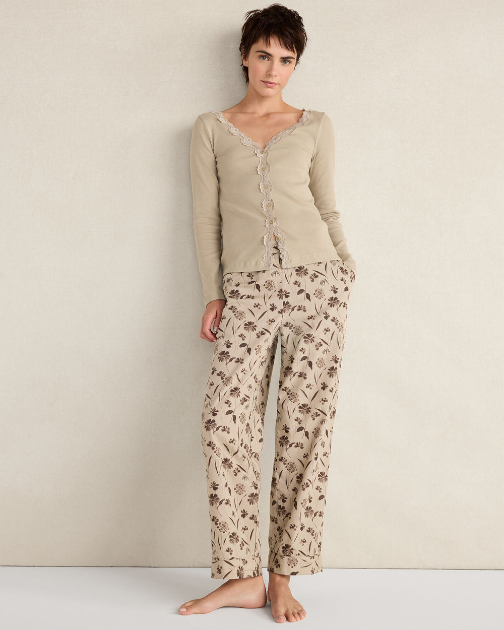 LAKE|NIGHTFALL|PURE TAUPE ORGANIC COTTON RIB KNIT LACE CARDIGAN | Talbots for sale