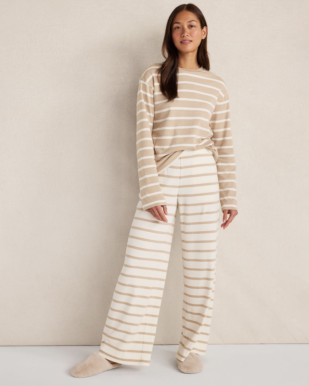 WAVE/IVORY|WILLOW BARK/IVORY BRUSHED COTTON INTERLOCK STRIPE CREWNECK | Talbots online