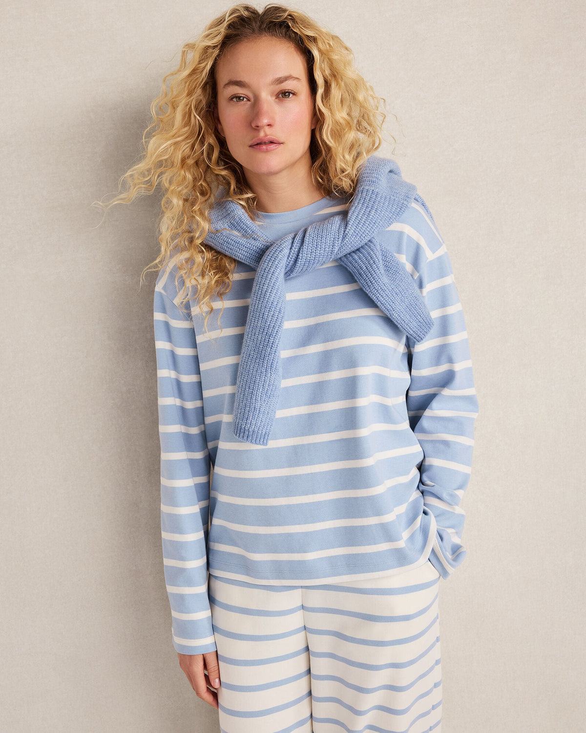 WAVE/IVORY|WILLOW BARK/IVORY BRUSHED COTTON INTERLOCK STRIPE CREWNECK | Talbots for sale